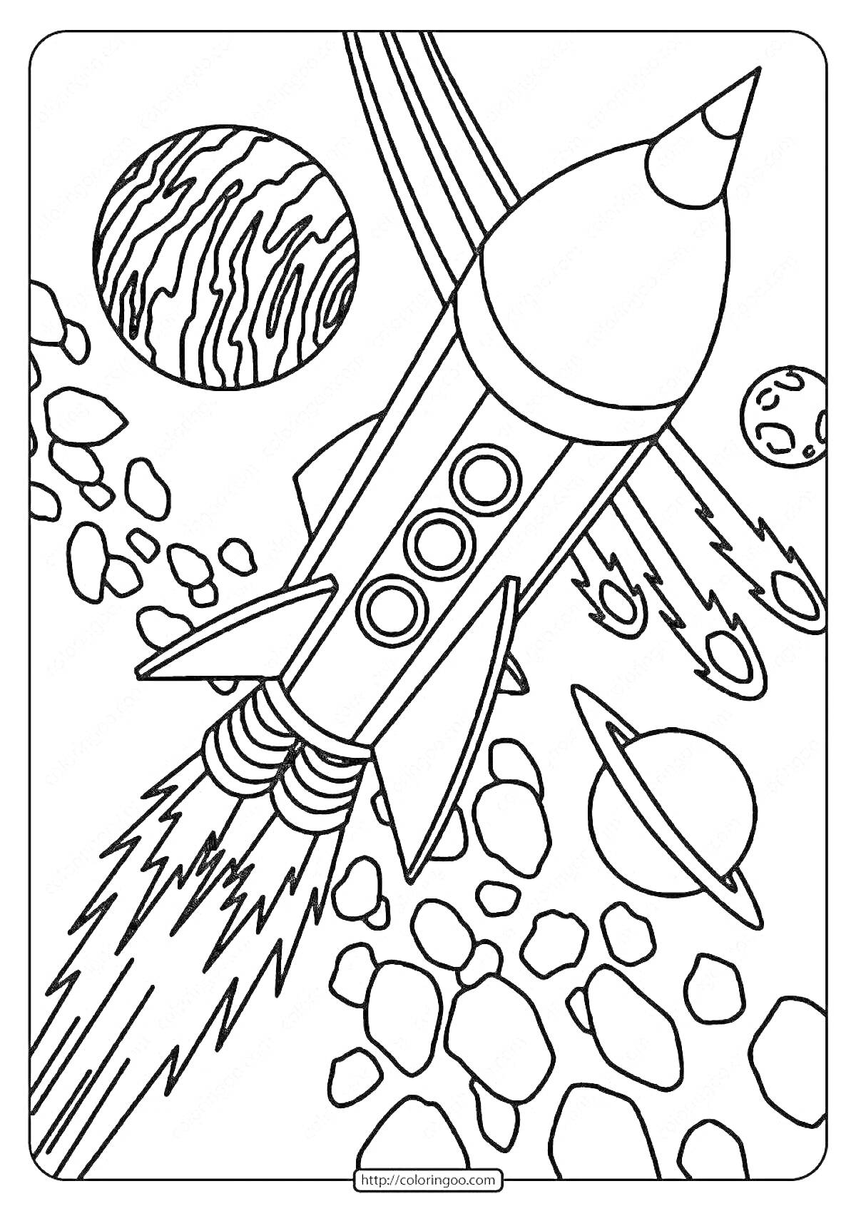 На раскраске изображено: Ракета, Космос, Планеты, Астероиды, Звезды, Полет, Спутники