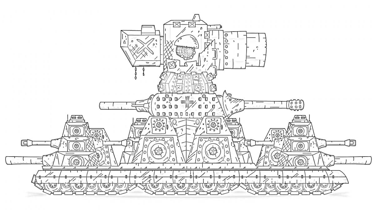 На раскраске изображено: Танк, Военная техника, Гусеницы, Башни, Оружие
