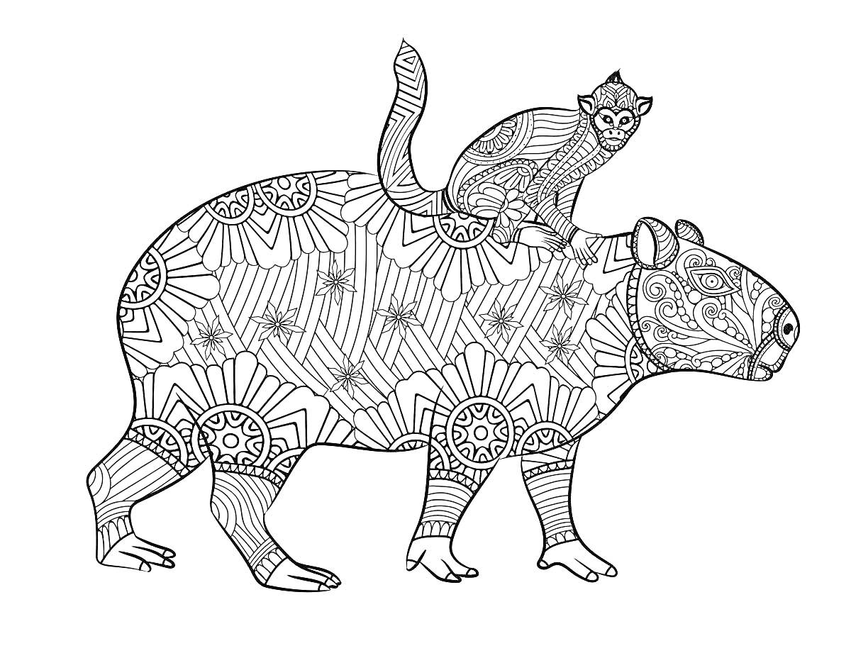 Раскраска Капибара с обезьянкой на спине и этническими узорами