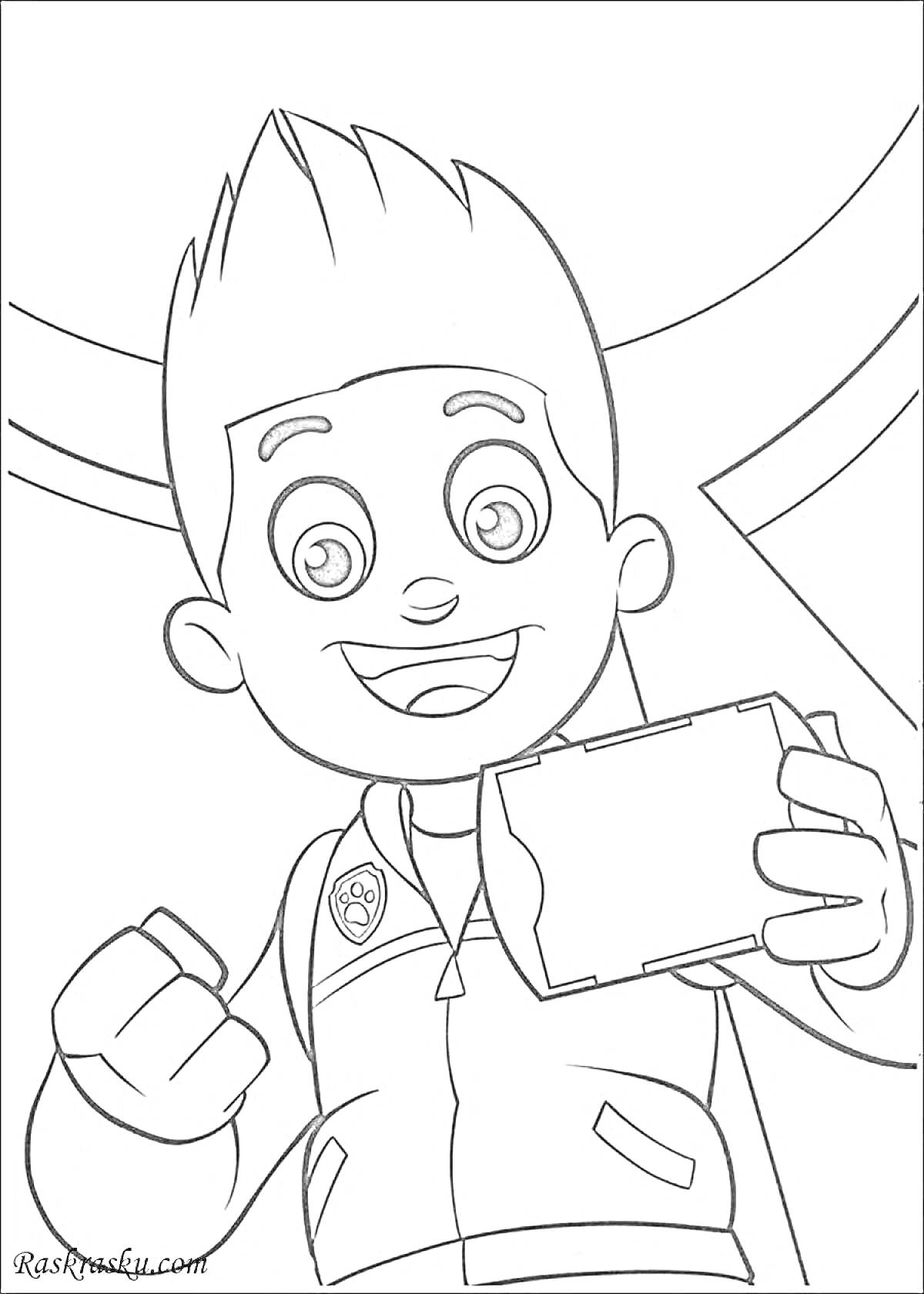 Раскраска Мальчик-ездок с планшетом на фоне арочных структур