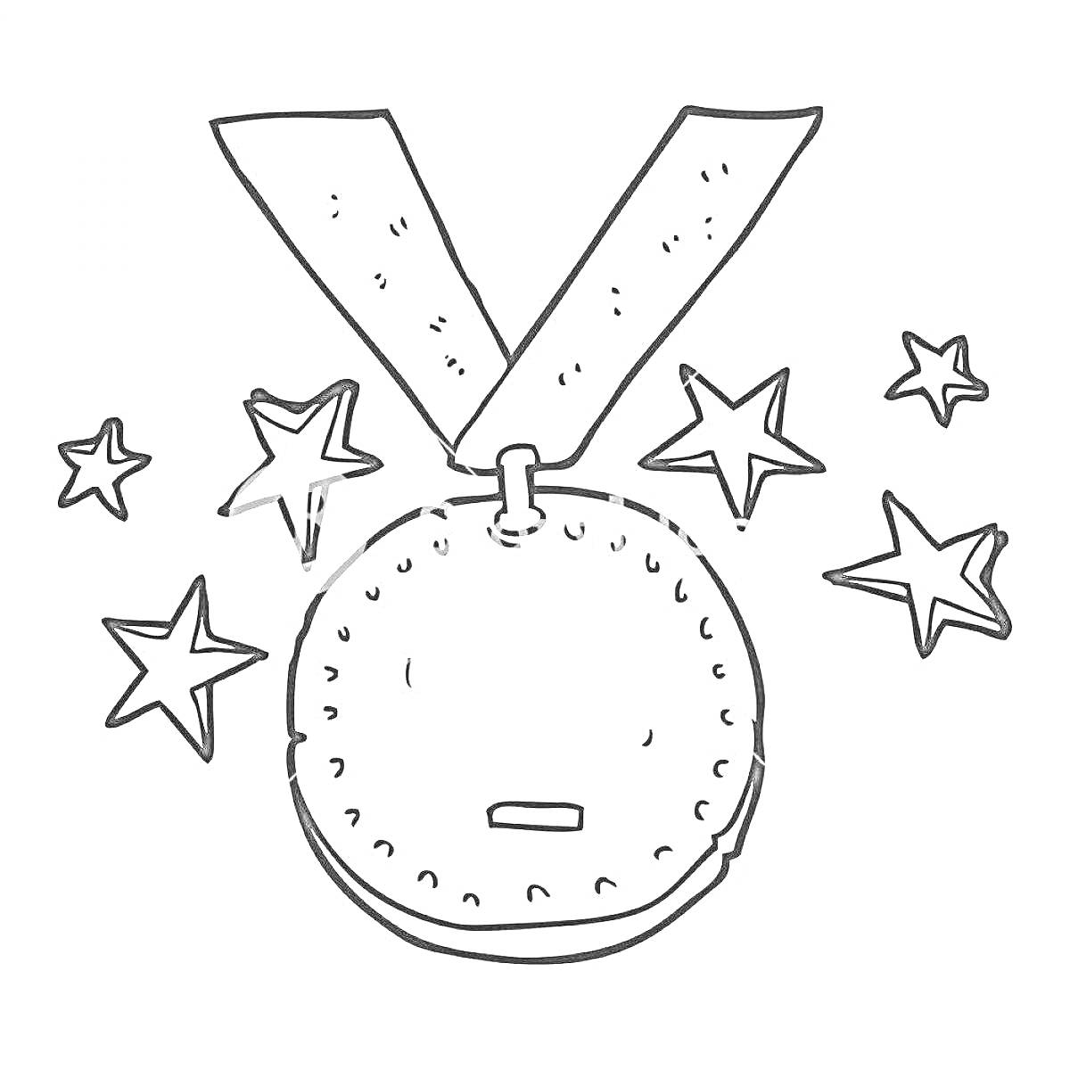 На раскраске изображено: Медаль, Лента, Звезды, Награда, Для детей, Победа