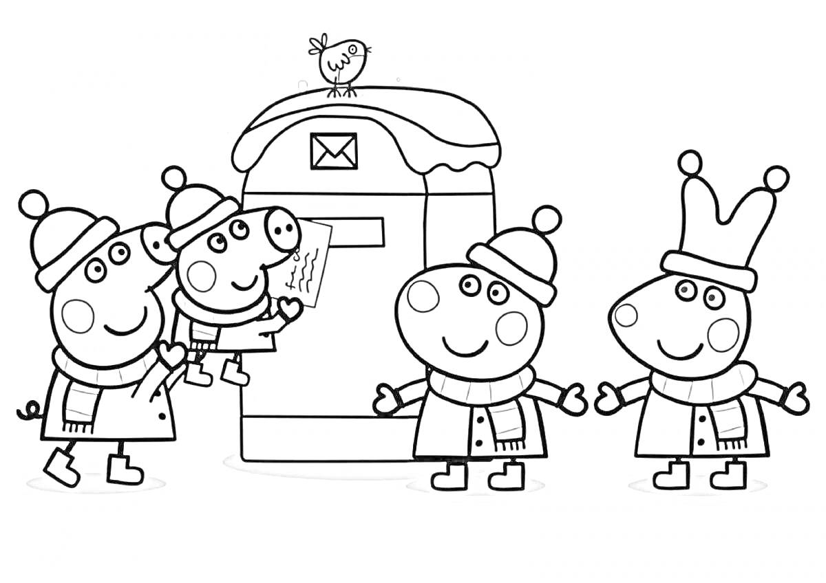 Раскраска Поросята у почтового ящика зимой
