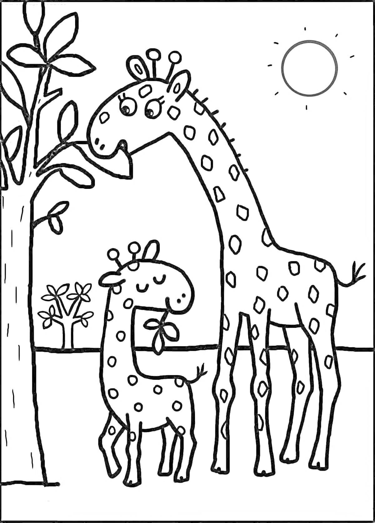 На раскраске изображено: Жирафы, Цветы, Солнце, Животные, Природа, Африка, Закат