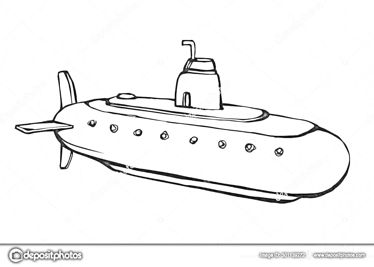 На раскраске изображено: Подводная лодка, Иллюминаторы, Перископ, Транспорт, Подводный мир, Морская техника