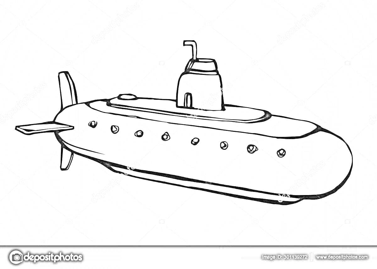 Раскраска Подводная лодка с четырьмя иллюминаторами и перископом