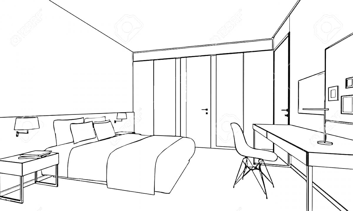 На раскраске изображено: Спальня, Зеркало, Кресло, Письменный стол, Комната, Интерьер
