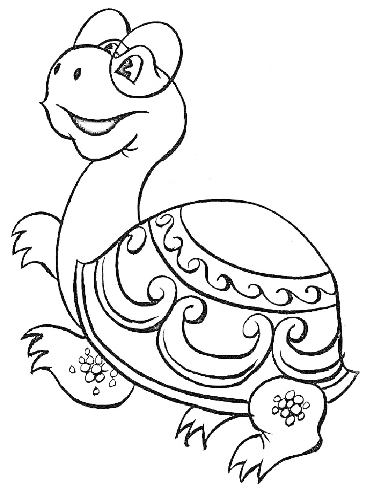 Раскраска Черепаха с узорами на панцире, улыбающаяся черепаха с цветочным рисунком на лапах