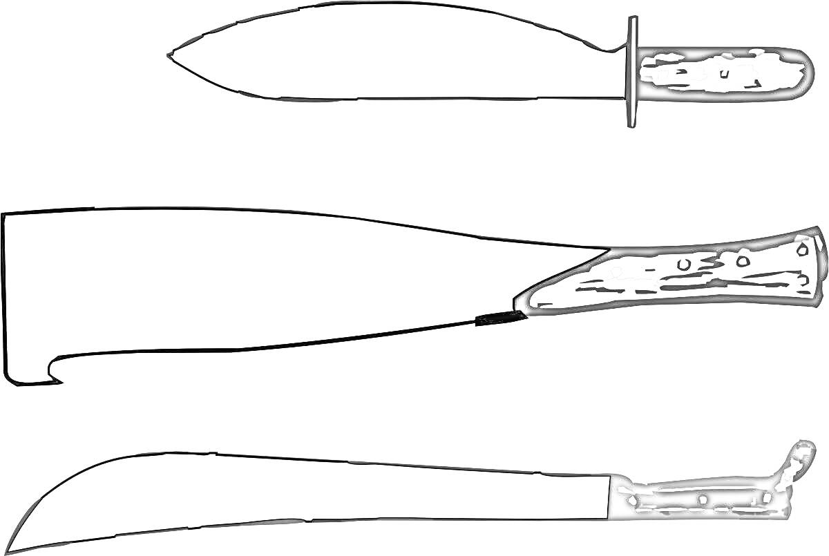 Раскраска Три вида мачете: классический мачете с гардами, мачете с прямым лезвием и деревянной рукояткой, мачете с изогнутым лезвием и деревянной рукояткой