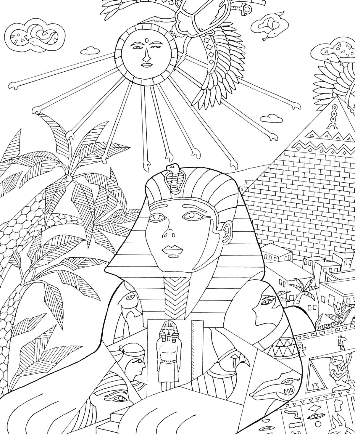 На раскраске изображено: Древний Египет, Сфинкс, Пальмы, Солнце, Орнамент, Египетские символы, Культура, Мифические существа