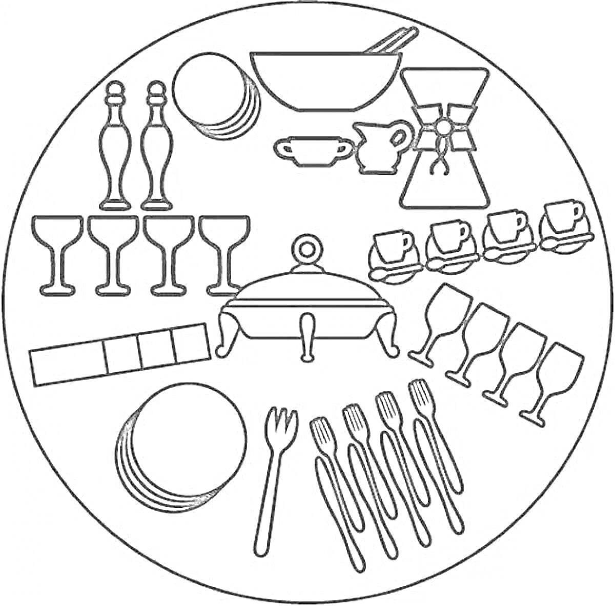 На раскраске изображено: Сервировка, Стол, Чашки, Вилка, Нож, Ложка, Посуда, Кружки, Кувшин, Миска, Перечница, Солонка