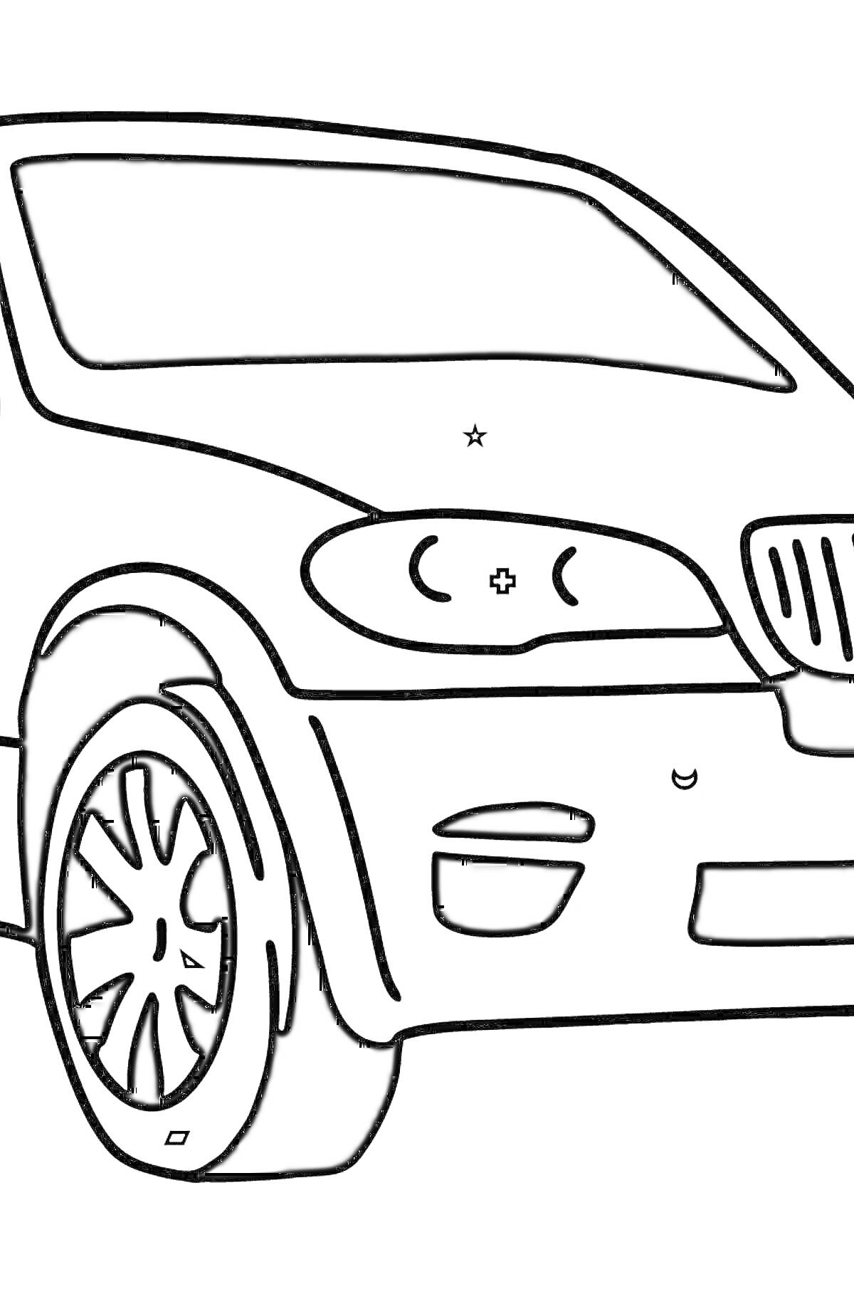 Раскраска Раскраска BMW X6, вид спереди, переднее колесо, фары, решетка радиатора