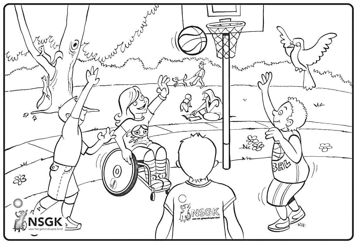 На раскраске изображено: Баскетбол, Спорт, Активность, Физкультура, Инвалидная коляска, Природа, Спортзал, Дружба, Деревья, Игровая площадка