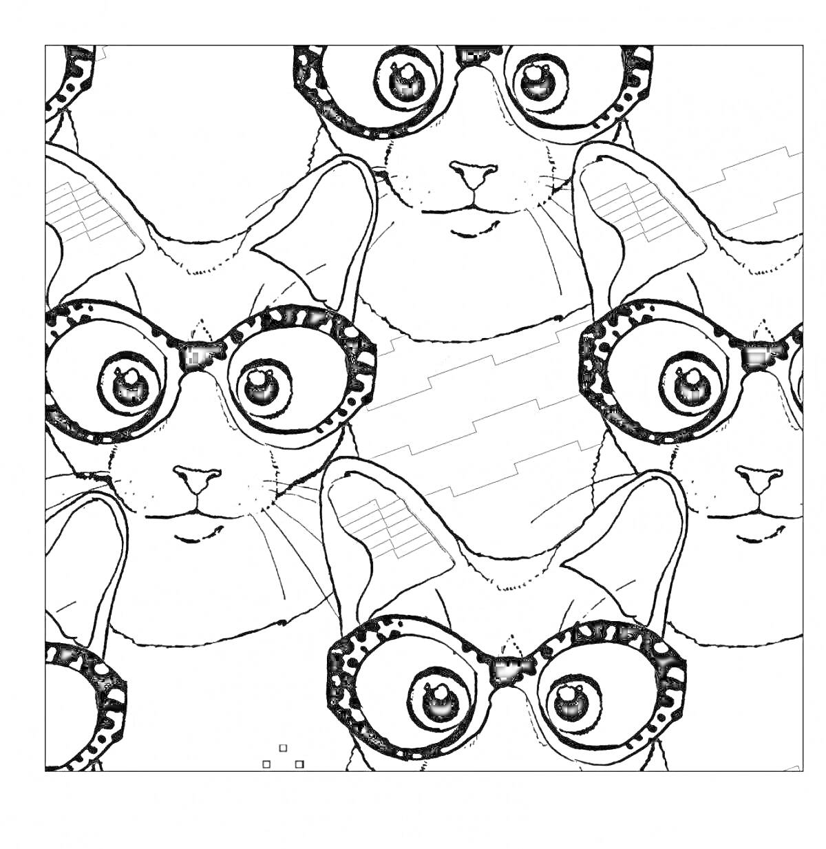 Раскраска Коты в очках с рисунками зебры на линзах