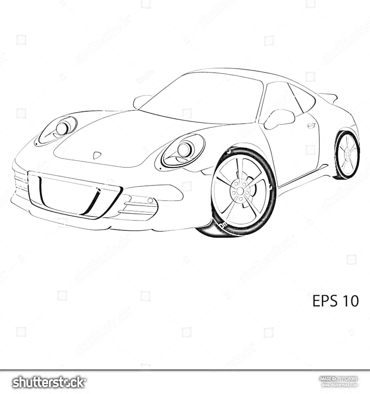 Раскраска Контурная раскраска автомобиля Porsche 911 с крупными фарами, пятью спицевыми дисками и характерной передней частью