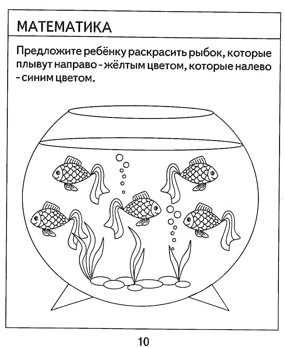 Раскраска Аквариум с рыбками, плавающими вправо и влево, растениями и пузырьками