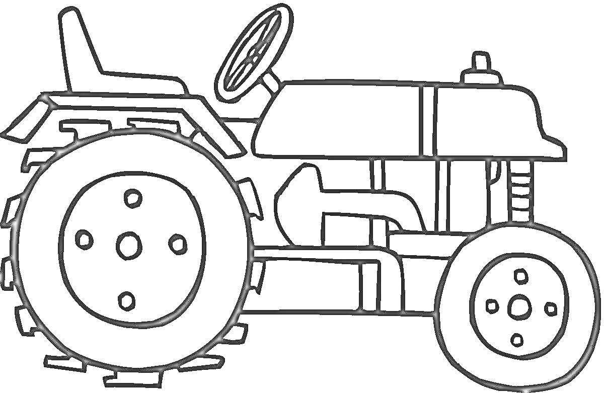 На раскраске изображено: Трактор, Большие колеса, Руль, Транспорт, Для мальчиков