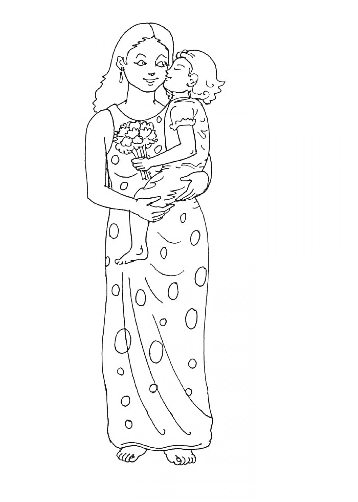 На раскраске изображено: Мама, Ребенок, Платье, Семья, Объятия, Любовь