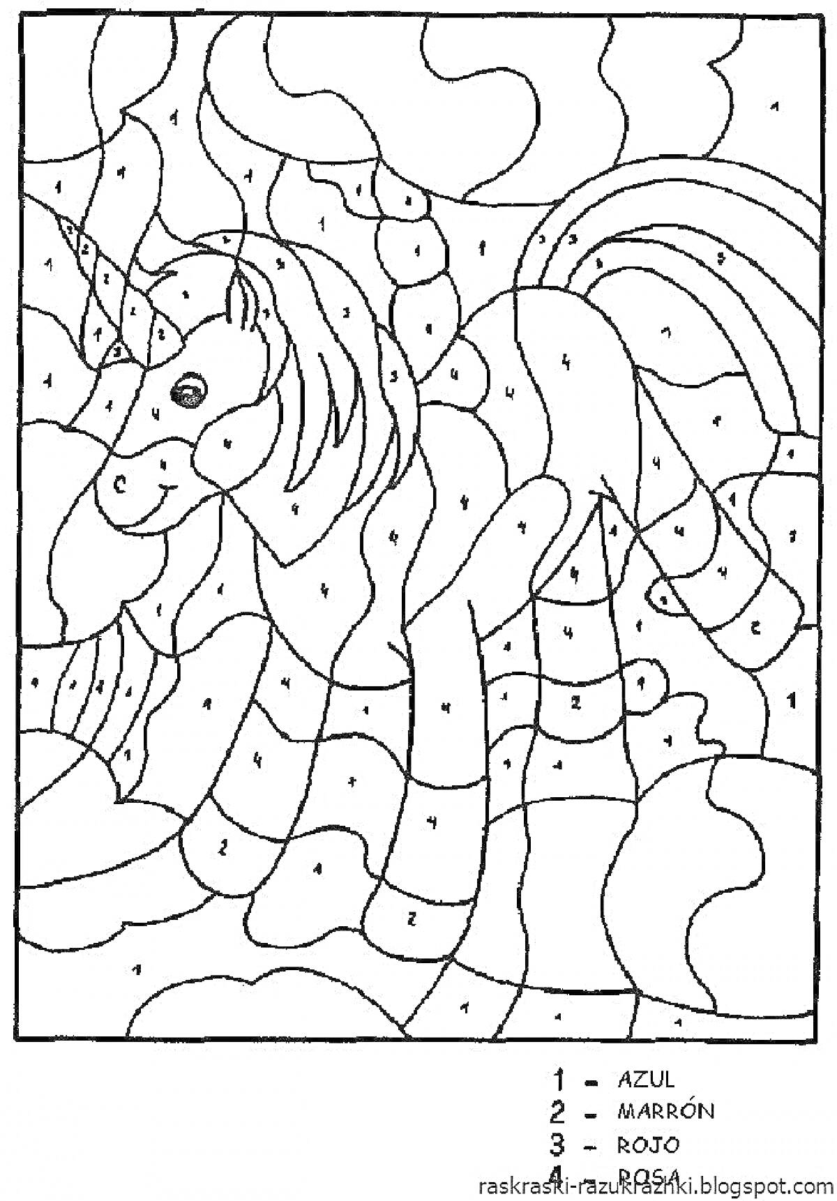 Раскраска Единорог на фоне облаков (раскраска по номерам)