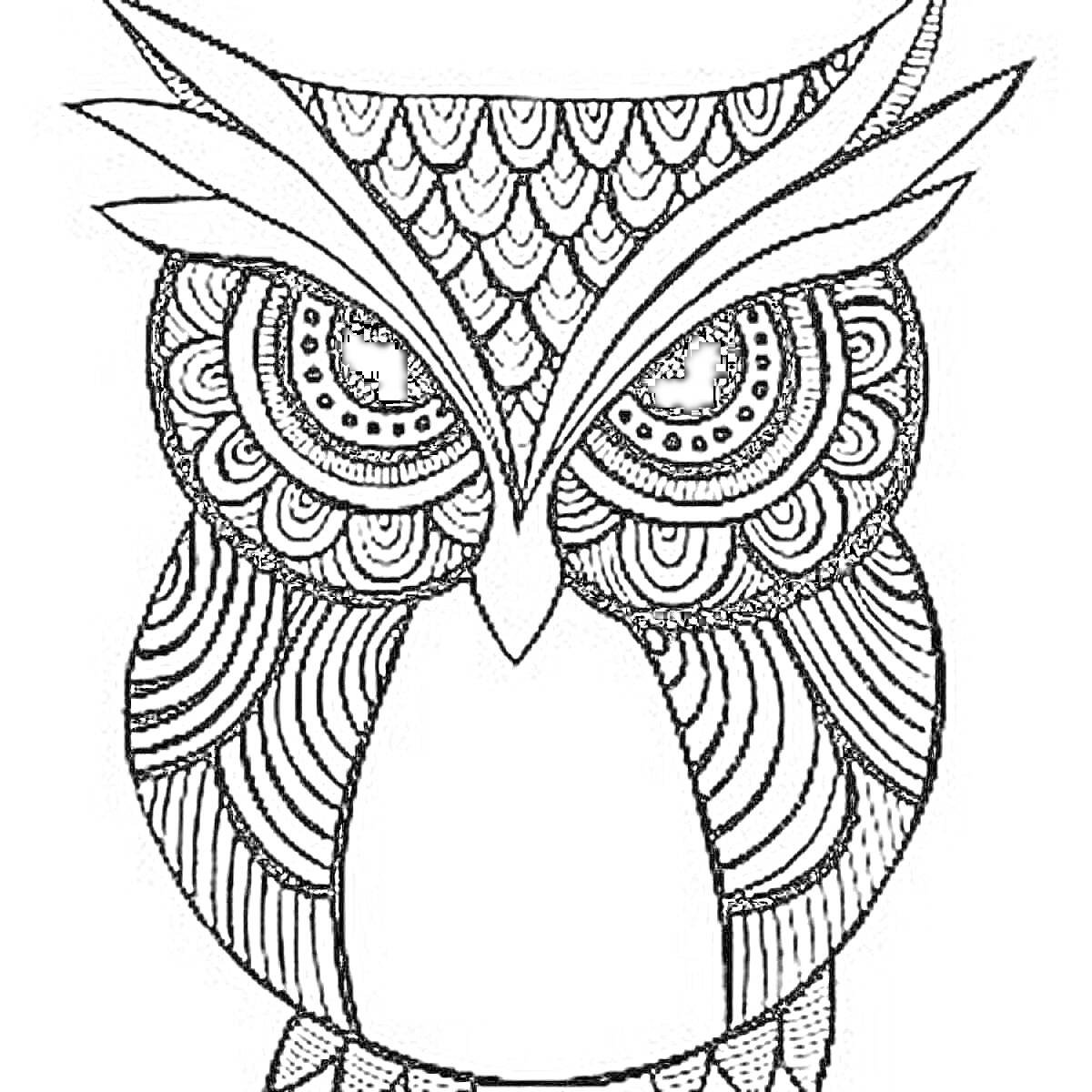 Раскраска Сова с узорами, простым карандашом