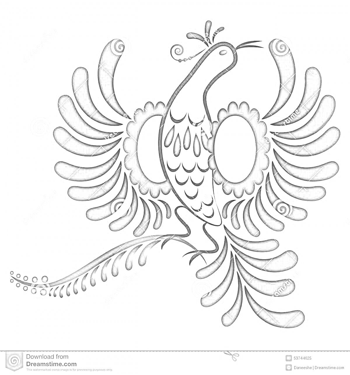 Раскраска Птица гжель с распластанными крыльями, узорчатым хвостом и орнаментом на теле