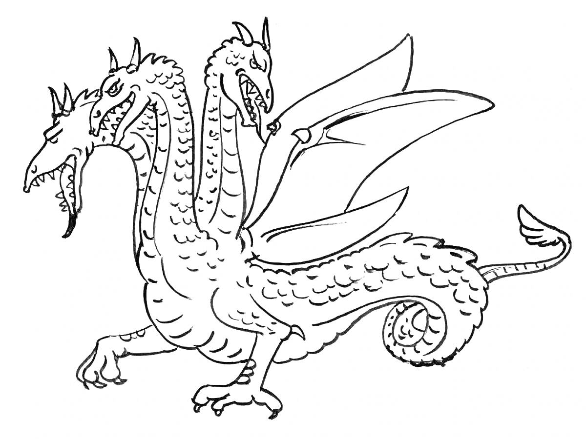 Раскраска Трёхголовый дракон с крыльями и хвостом