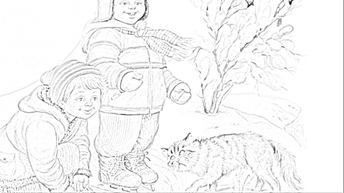 На раскраске изображено: Кот, Зимняя одежда, Снег, Зимний лес, Деревья, Зимний пейзаж