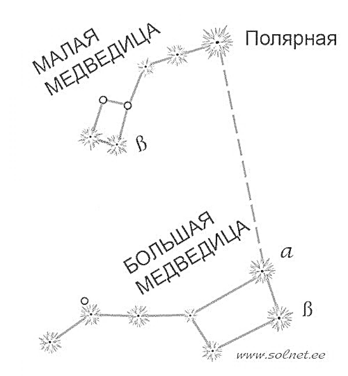 Раскраска Малая медведица, Большая медведица и Полярная звезда