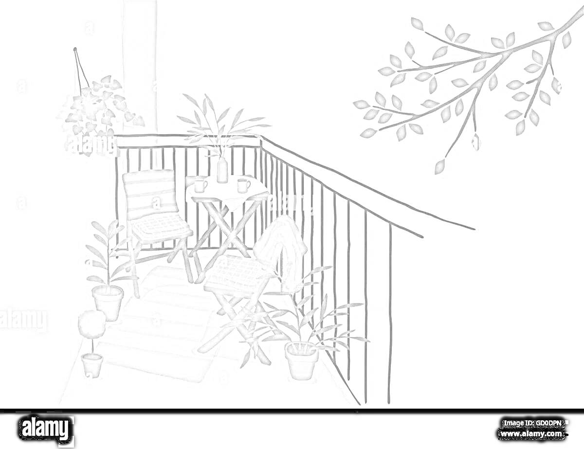 Раскраска Балкон с двумя стульями, столом, растениями и веткой дерева