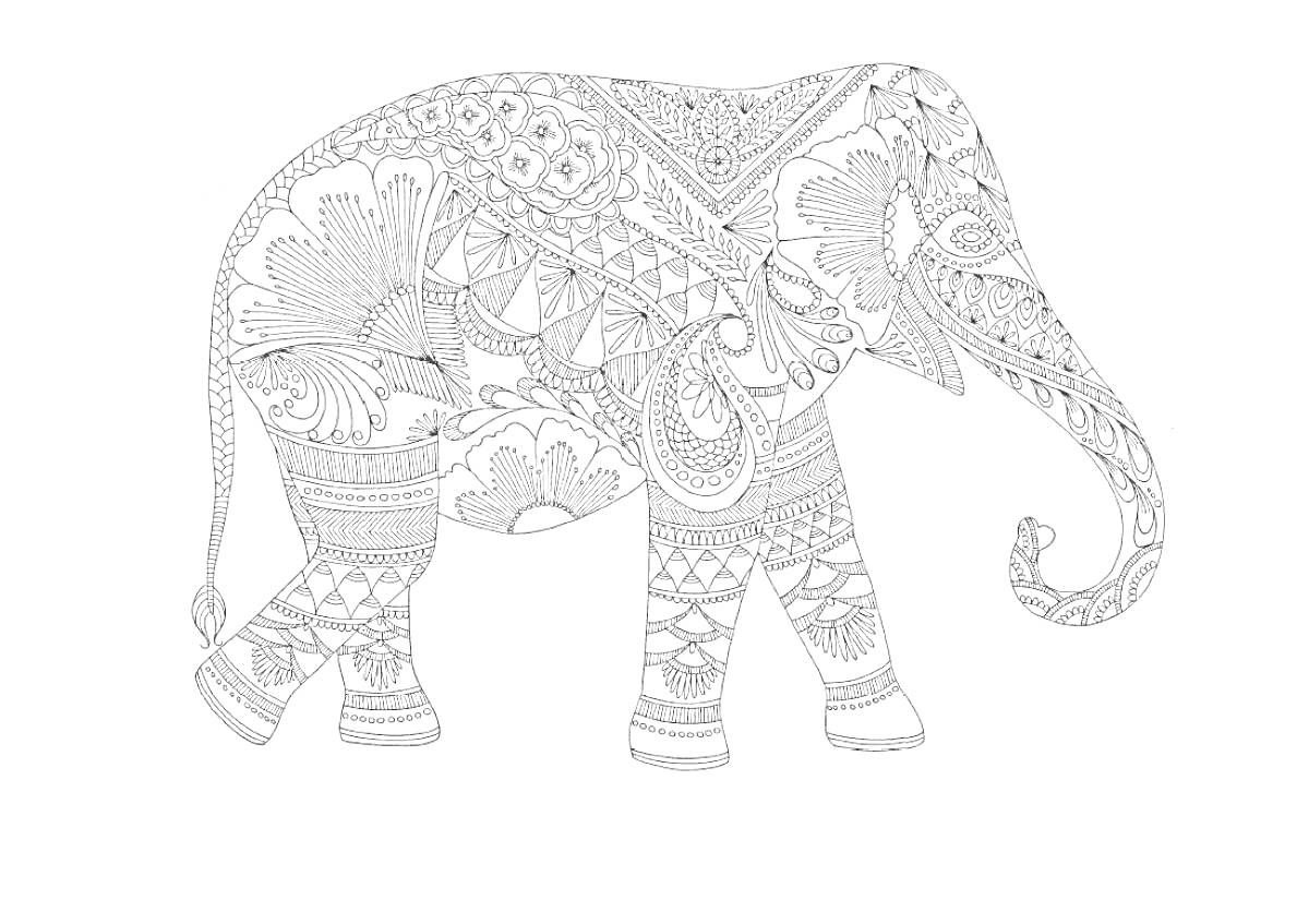 Раскраска Раскраска антистресс с декоративным слоном, украшенным сложными узорами и цветочными элементами
