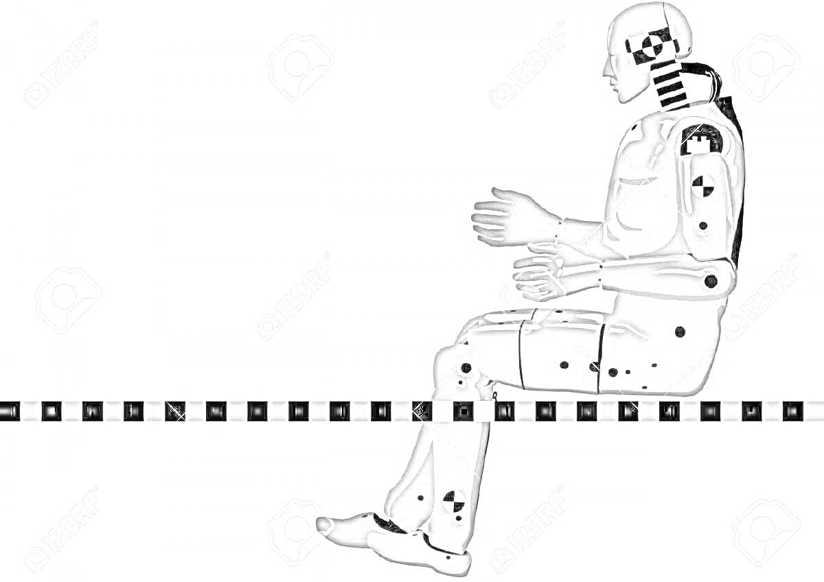 Раскраска Манекен для краш-теста сидящий, в профиль, на фоне горизонта с черно-белым шахматным узором