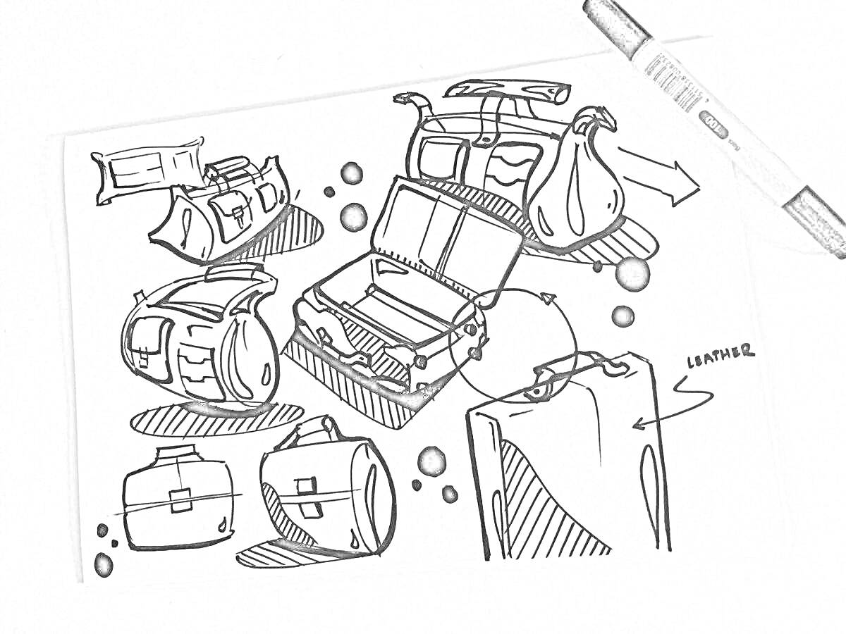 Раскраска Скетчинг ручной клади и дорожных сумок маркерами, включая сумки и чемоданы