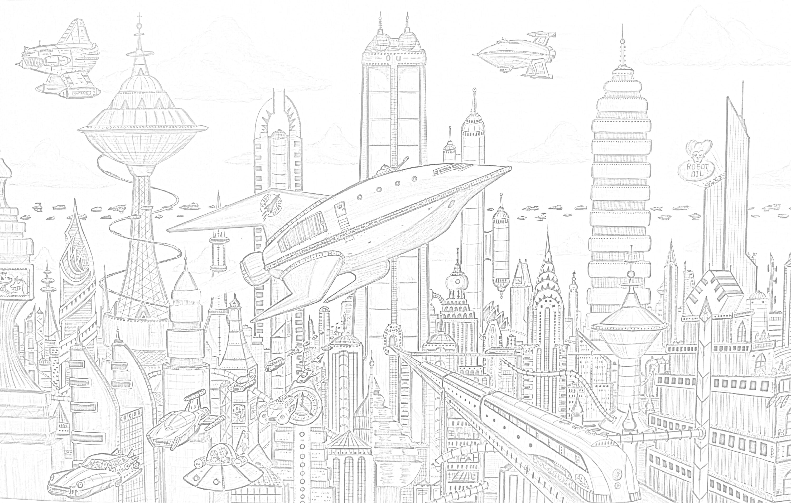 На раскраске изображено: Космос, Небоскребы, Футуристические здания, Будущее
