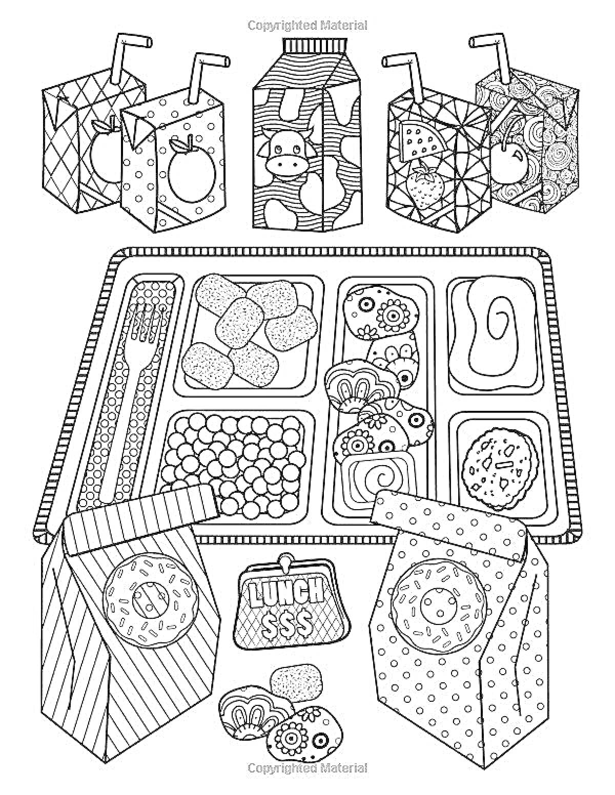 Раскраска Обеденный лоток с закусками, соками и пакетиками для ланча