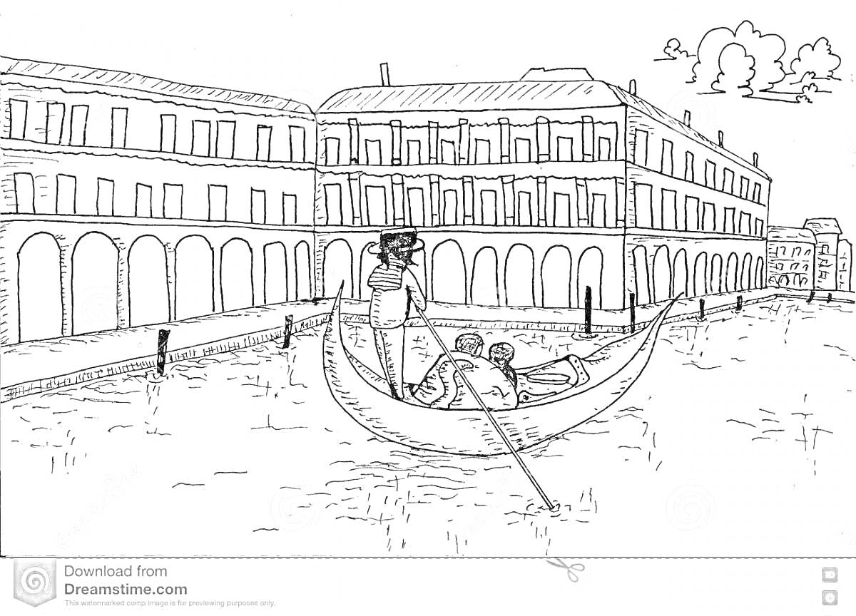 Гондола с гондольером и двумя пассажирами на канале в окружении зданий в Венеции, днем с облаками на небе