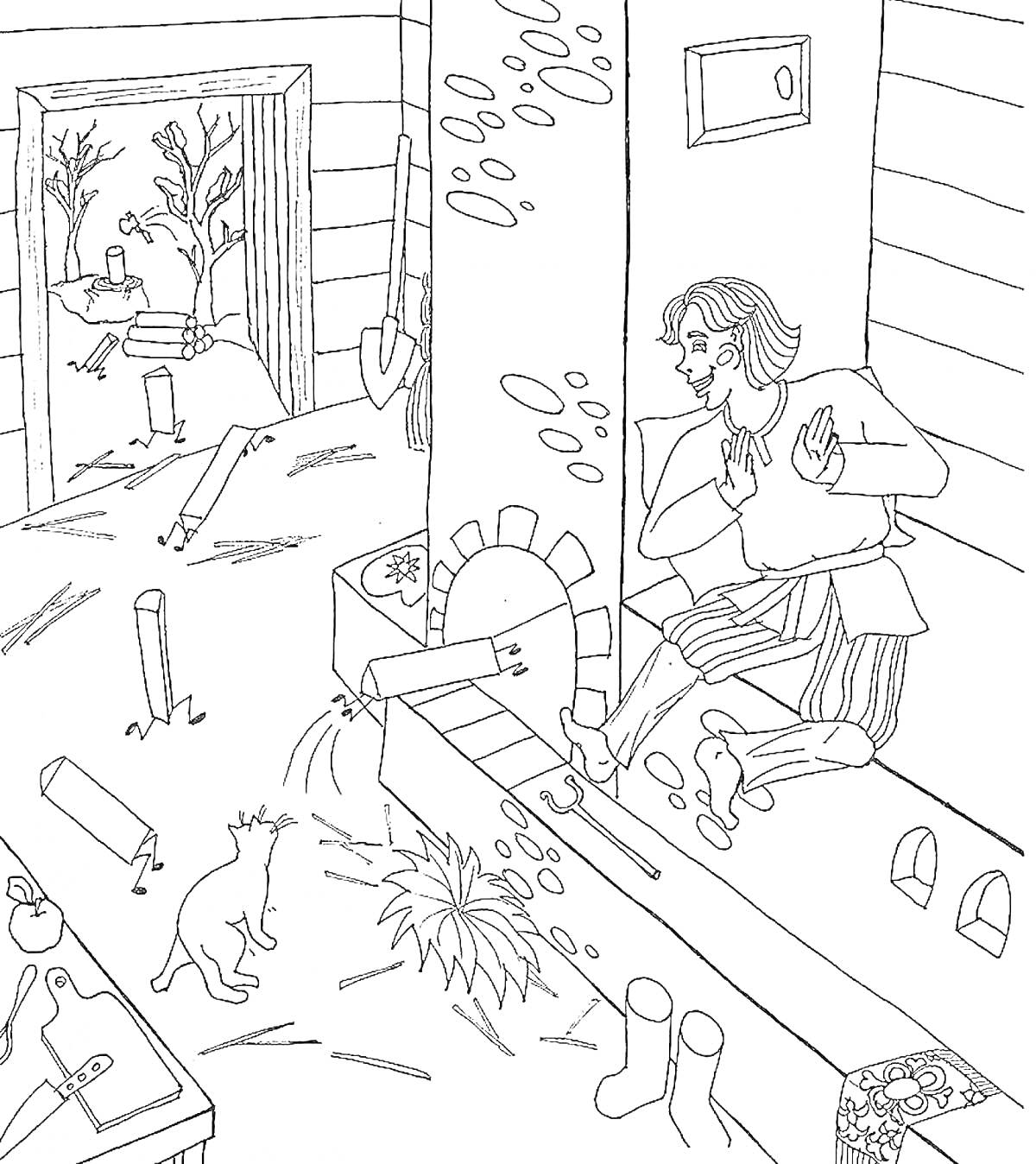 Раскраска Емеля на печи, охотничья сцена с забором и шапками, кот, грязные сапоги, лопата, деревья на заднем плане, открытая дверь