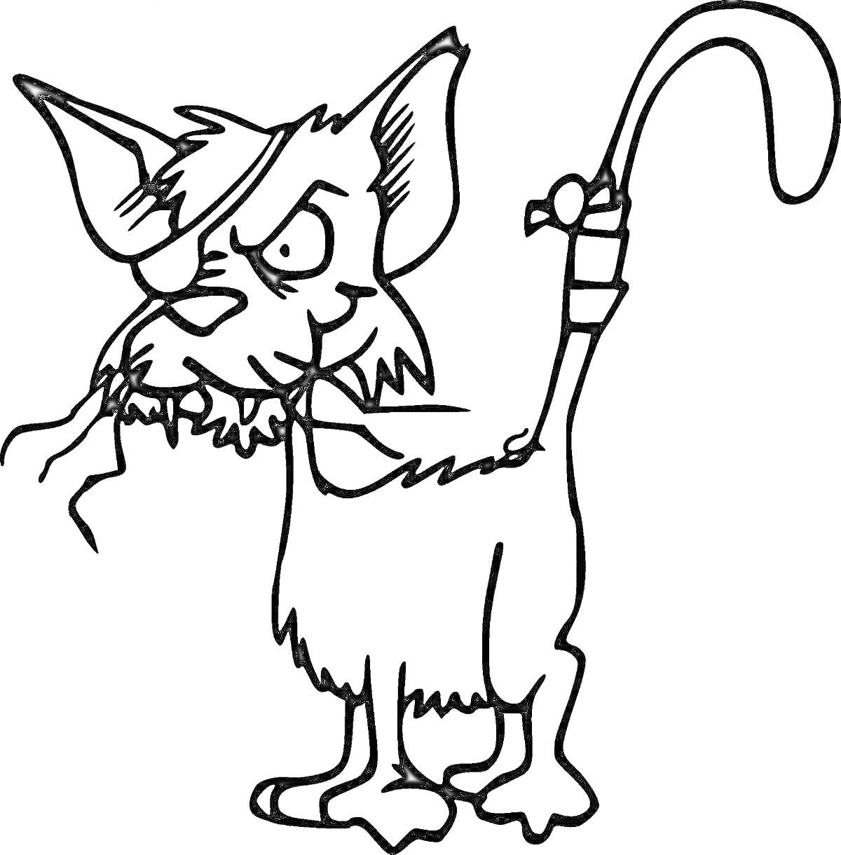 Раскраска Кот с повязкой на глазу и обрубленным ухом, с перевязанным хвостом, с палкой в зубах