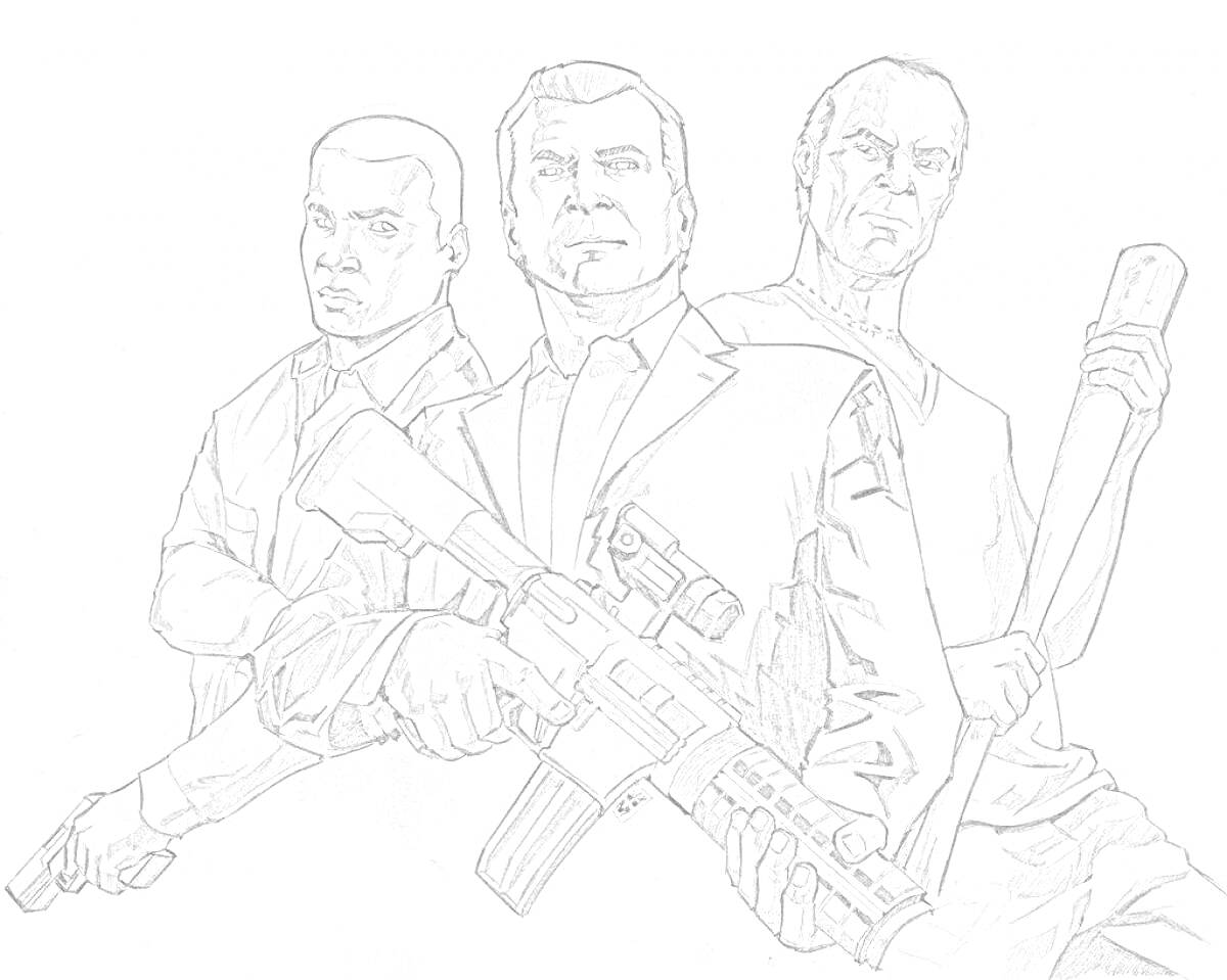 Раскраска Три персонажа из GTA 5 с оружием – пистолет, винтовка и клюшка для гольфа