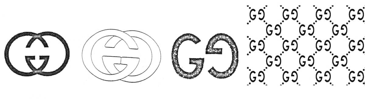 Раскраска Логотипы Гуччи: два черных и один контурный двойной G, черный зеркальный G, узор с множеством двойных G