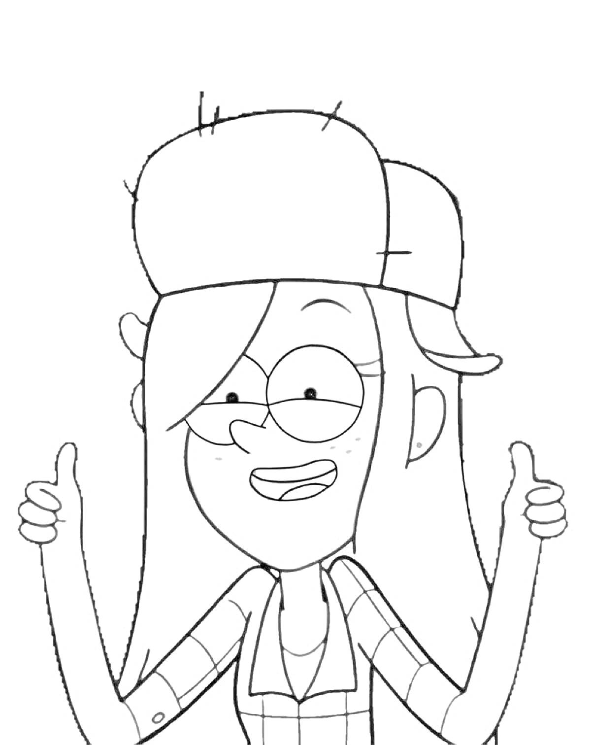 Раскраска Девушка с длинными волосами в кепке показывает жесты двумя руками