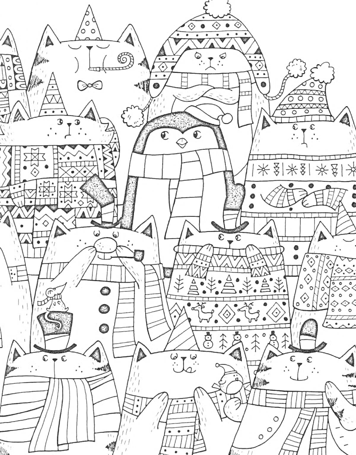 Раскраска Коты в зимних свитерах и пингвин в новогодней шапке, новогодняя вечеринка с элементами вязаных узоров и праздничных аксессуаров