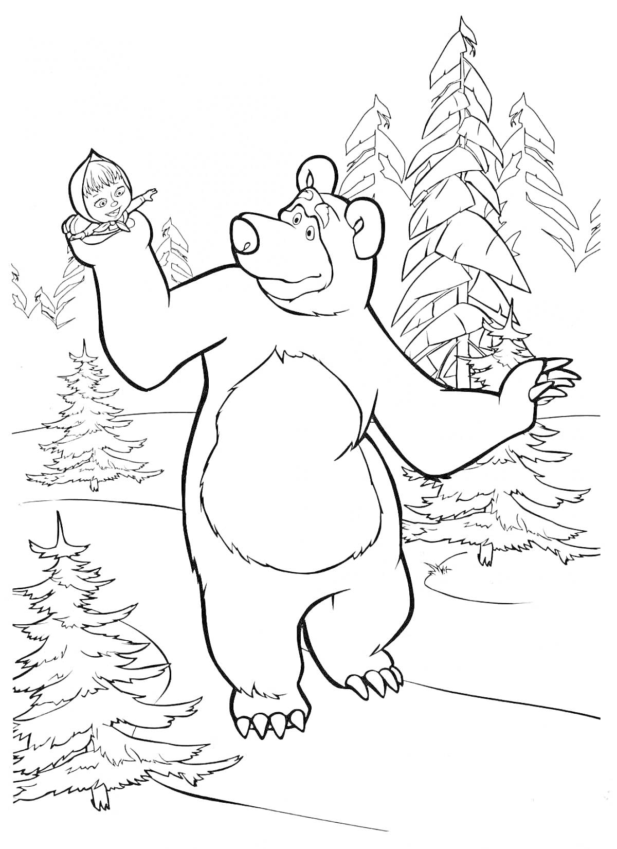 На раскраске изображено: Медведь, Девочка, Лес, Ёлки, Снег, Зима, Природа