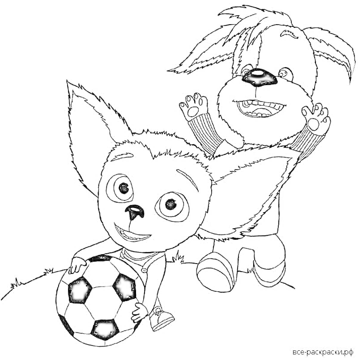 Раскраска Два персонажа Барбоскиных играют с футбольным мячом на траве