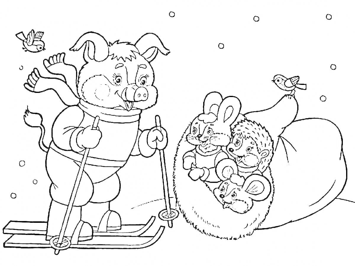 На раскраске изображено: Лыжи, Мышь, Зайчиха, Еж, Снег, Зима