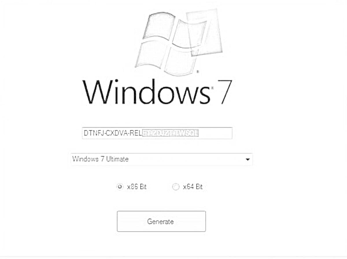 Окно ввода лицензионного ключа Windows 7 с вариантами выбора версии и архитектуры (x86 или x64), логотип Windows 7, кнопка генерации ключа