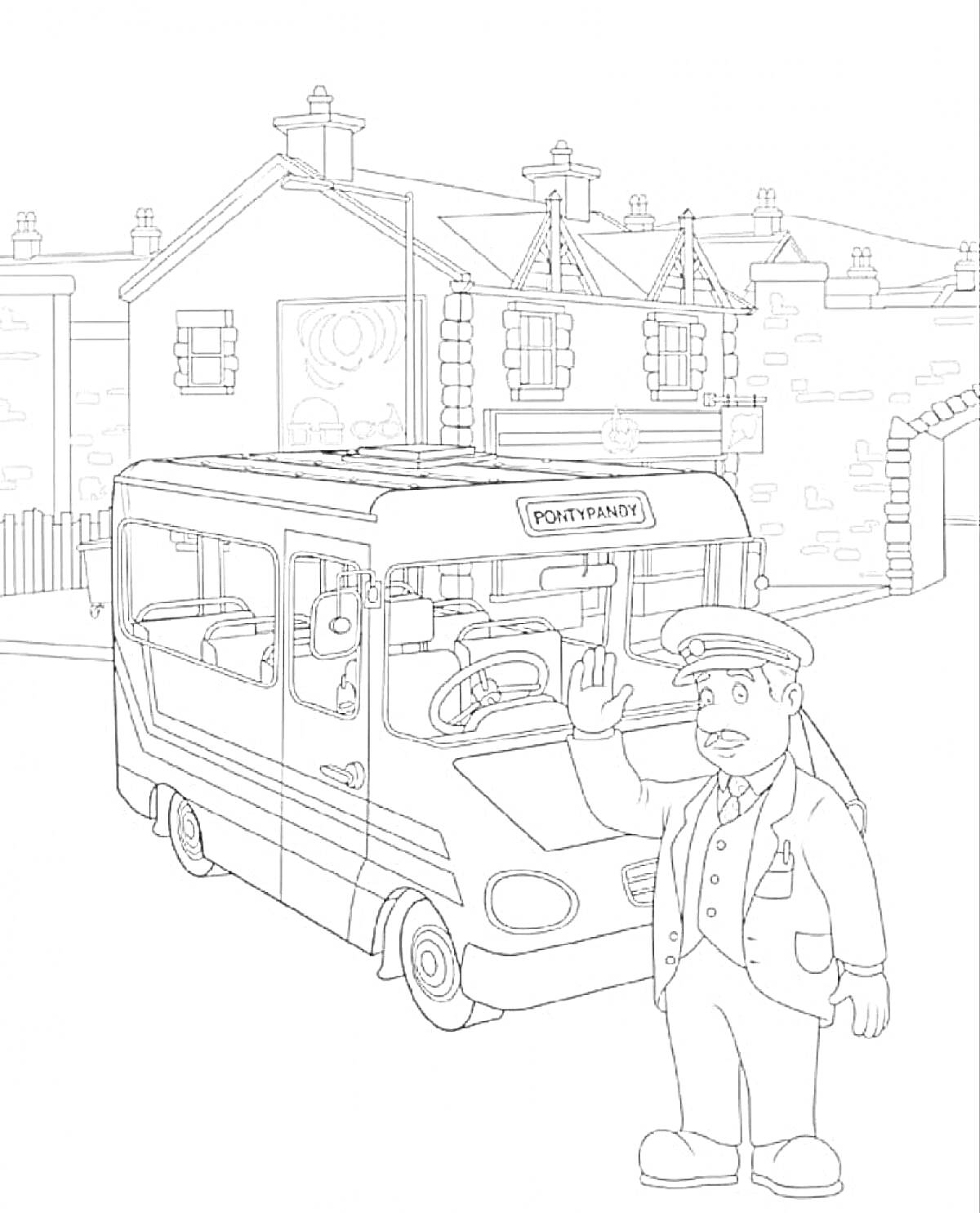 На раскраске изображено: Автобус, Водитель, Здания, Транспорт, Персонаж