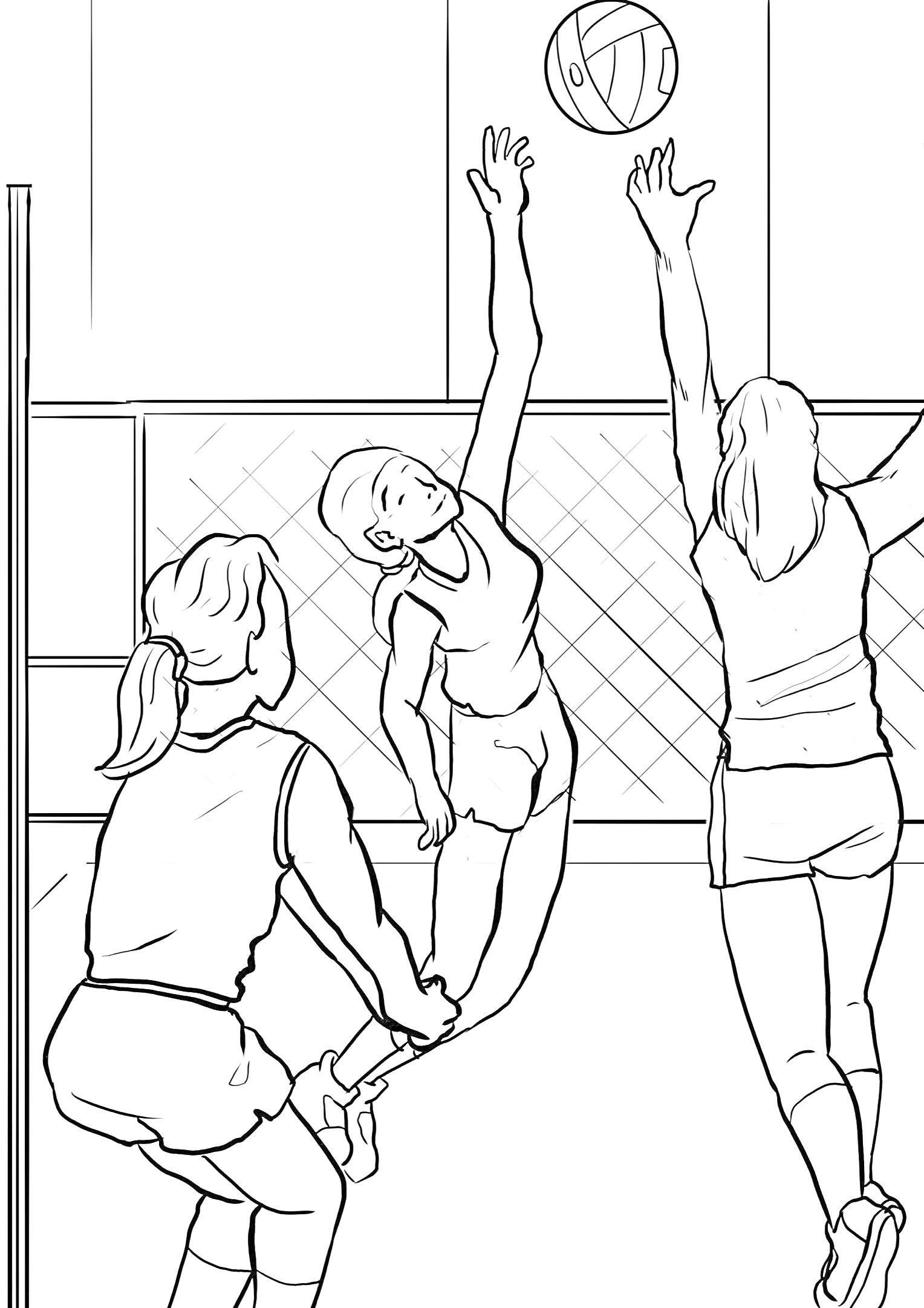 Раскраска Три девушки играют в волейбол у сетки