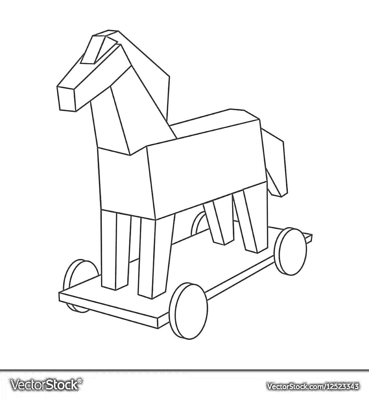 На раскраске изображено: Троянский конь, Колесная платформа, Древняя Греция, Деревянный конь, Простые линии, Мифические существа