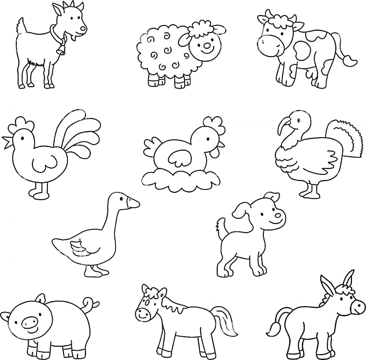 На раскраске изображено: Домашние животные, Корова, Петух, Индюк, Собака, Лошадь, Осел