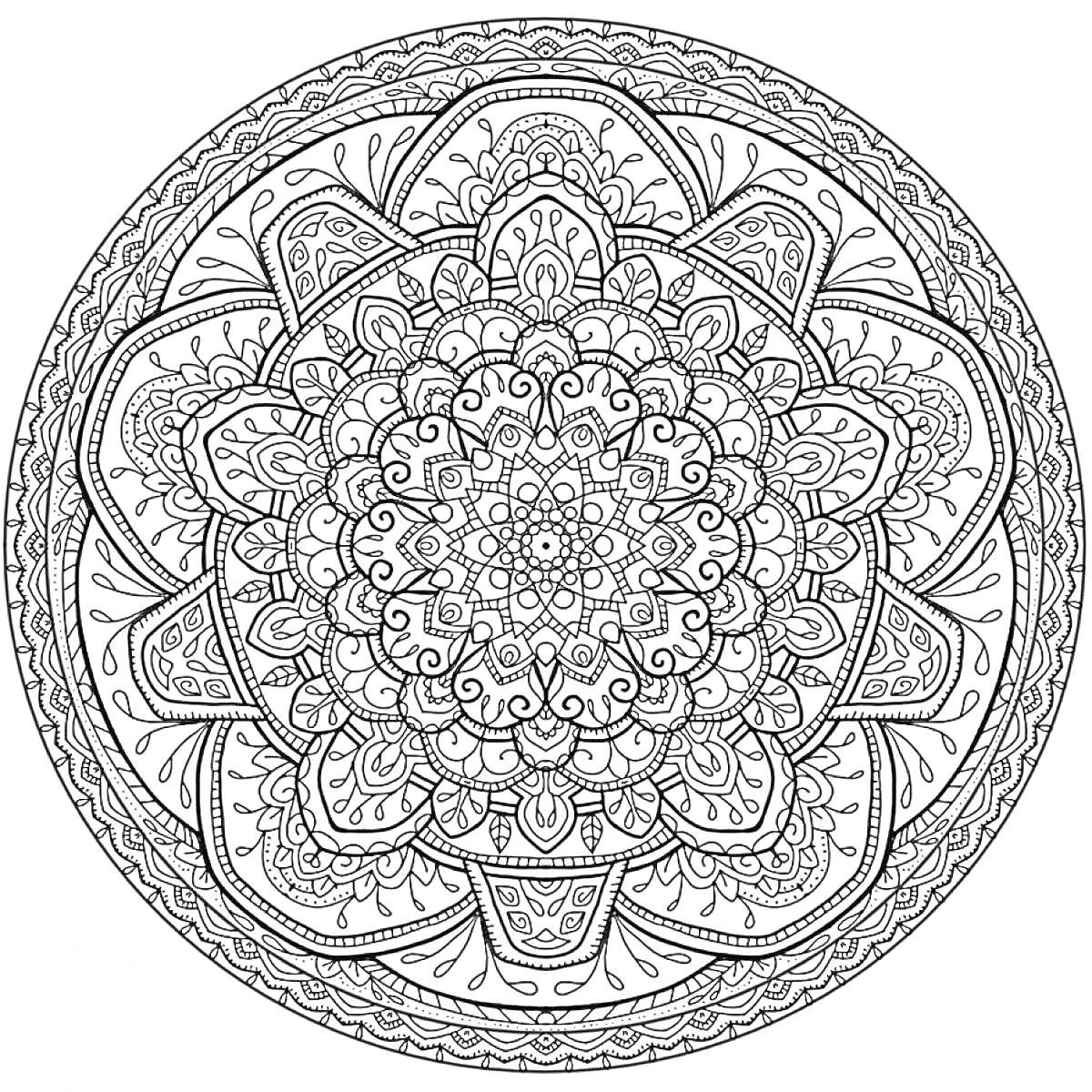 Раскраска Мандала с цветочными узорами и геометрическими элементами
