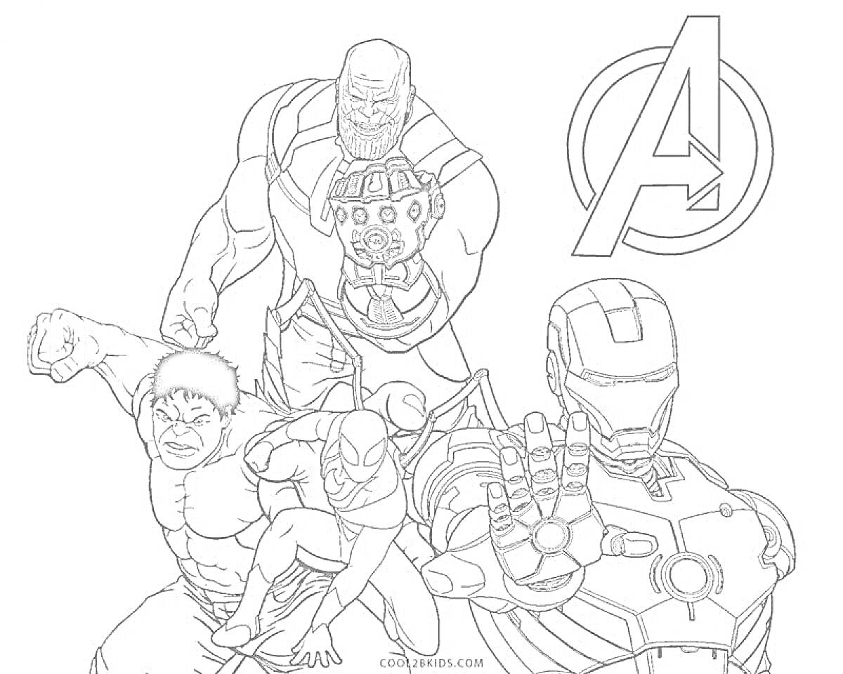 На раскраске изображено: Мстители, Танос, Халк, Капитан америка, Железный человек, Супергерои, Комиксы, Марвел, Человек-Паук, Логотипы